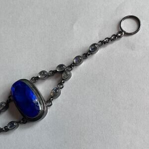 Estate Vintage 925 Sterling Silver Rainbow Moonstone Faceted Blue Glass Bracelet